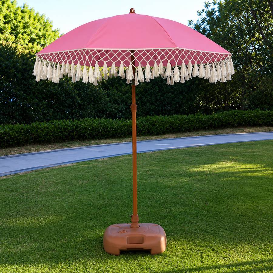 Bohemian-Style Outdoor Patio Umbrella / Parasol with Triangular Tassel Design - Pink
