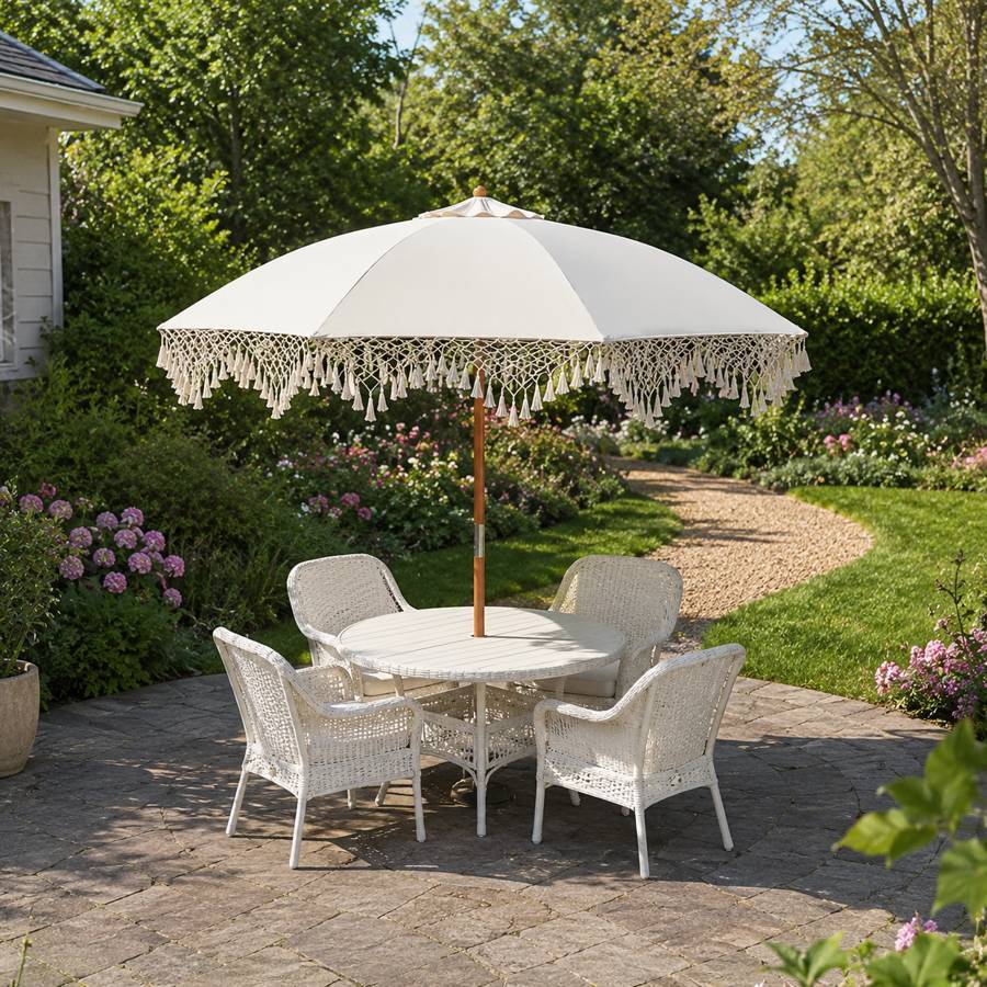 Bohemian-Style Outdoor Patio Umbrella / Parasol with Triangular Tassel Design cream